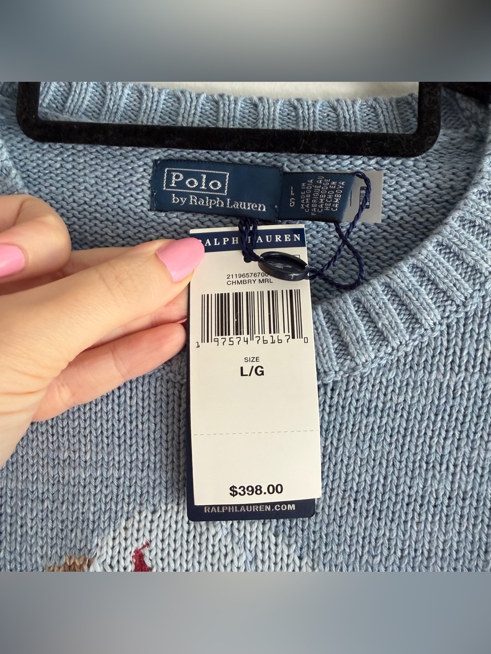 Polo Ralph Lauren Bear Cotton Light Blue Sweater NWT - Picture 3 of 5